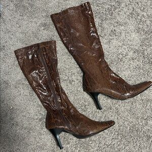 Colin Stuart Brown Snake Skin Print Stiletto Heeled Tall Boots 10